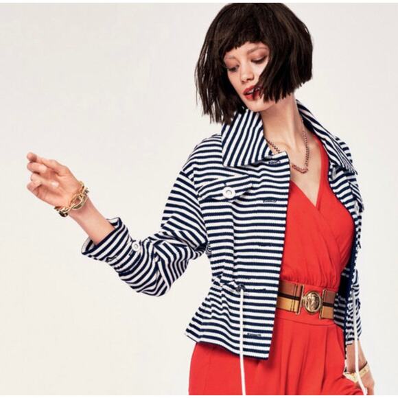 Cabi #5654 Blue and White Striped Button Front Harbor Jacket - Picture 1 of 9
